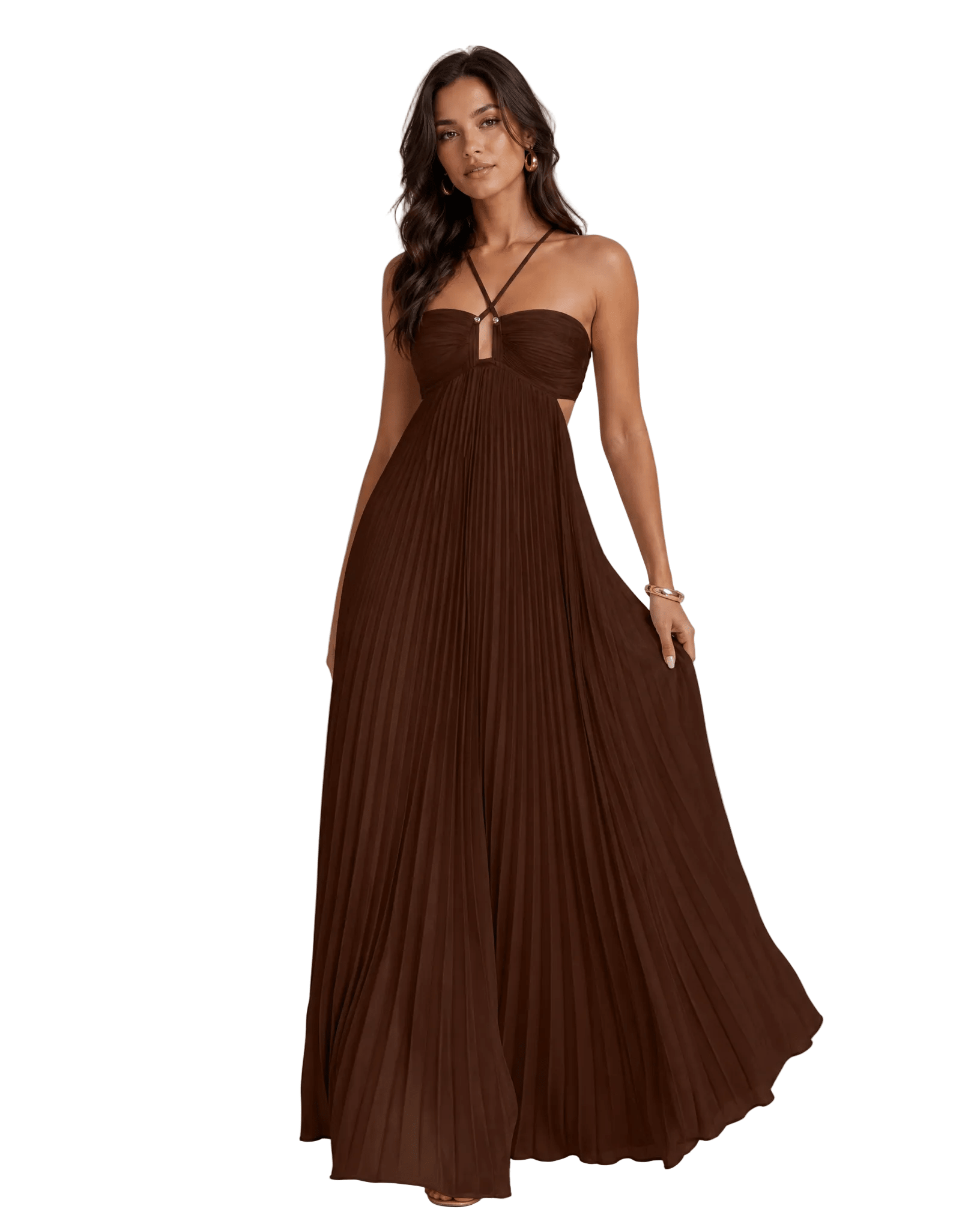 Women Maxi Dress Pleated Halter Open Back Sleeveless - Evergreen Outfits - Women Maxi Dress