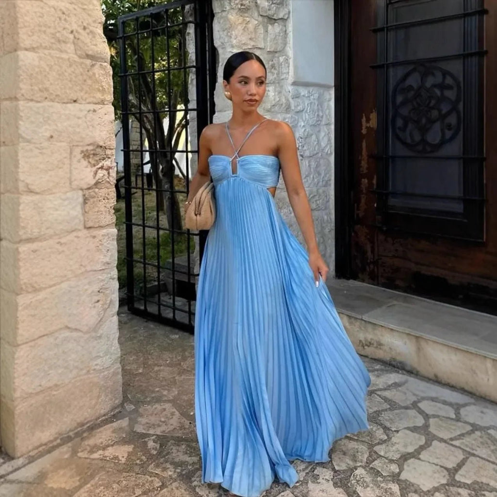 Women Maxi Dress Pleated Halter Open Back Sleeveless - Evergreen Outfits - Women Maxi Dress