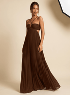 Women Maxi Dress Pleated Halter Open Back Sleeveless - Evergreen Outfits - Women Maxi Dress