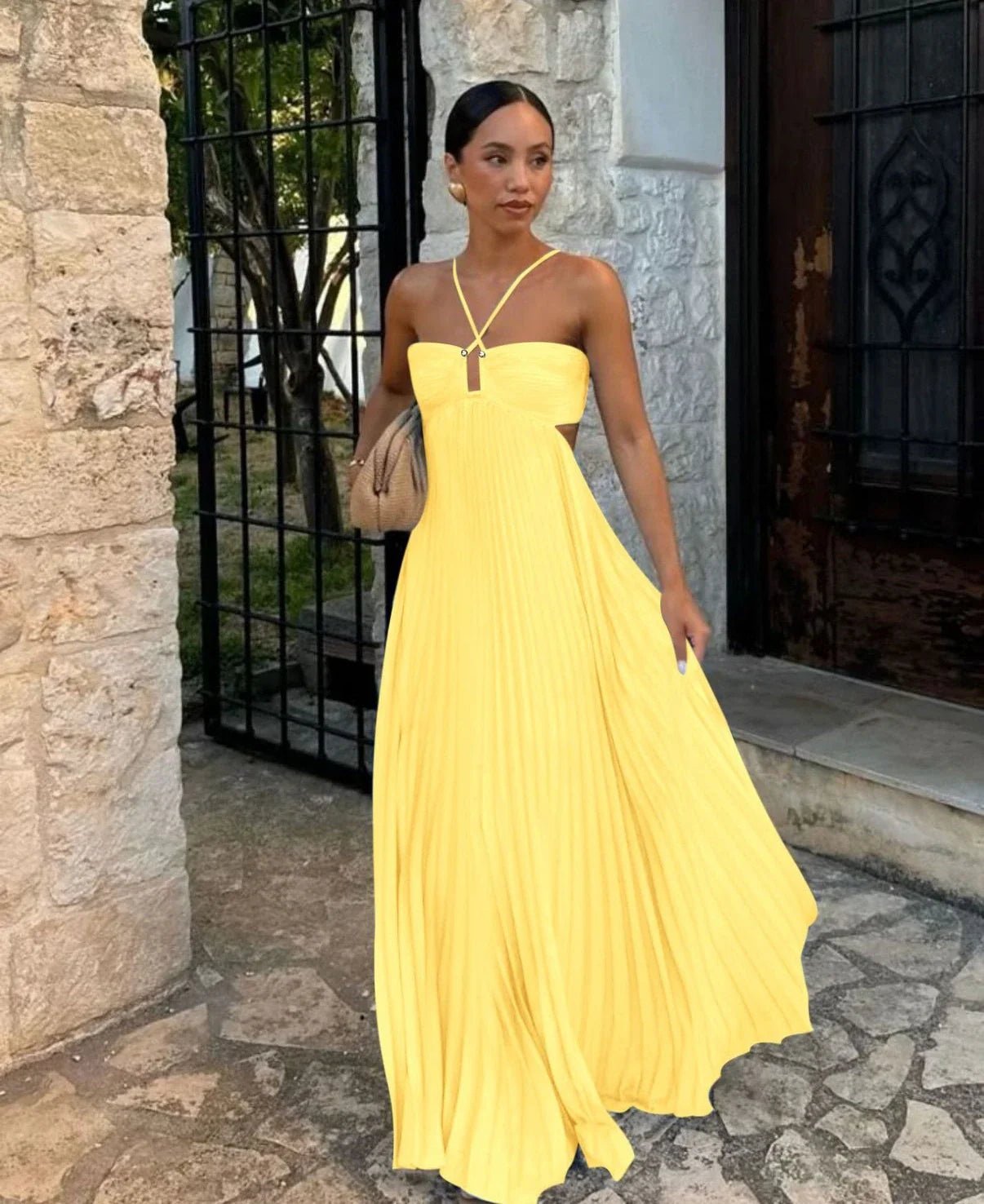 Women Maxi Dress Pleated Halter Open Back Sleeveless - Evergreen Outfits - Women Maxi Dress