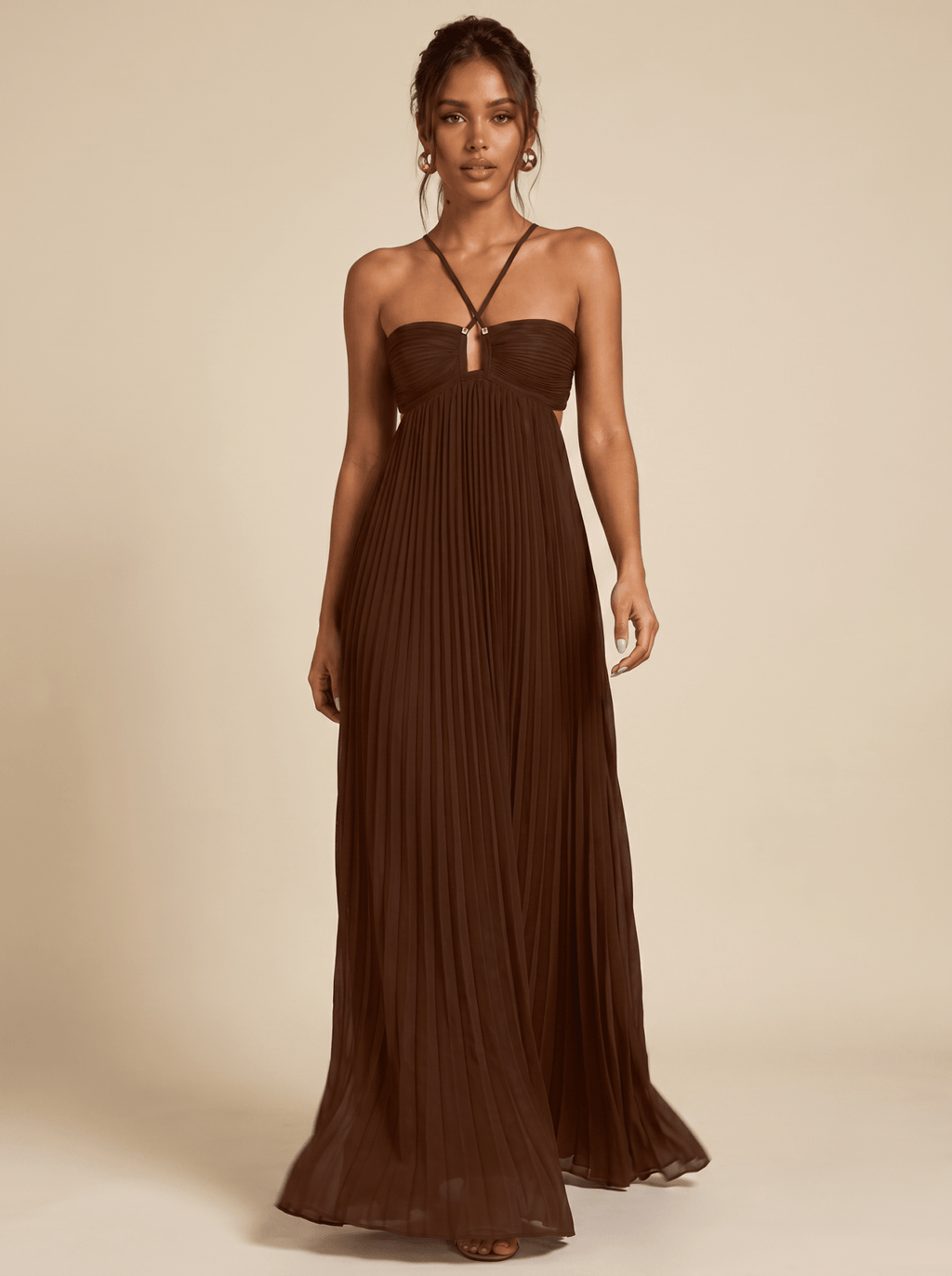 Women Maxi Dress Pleated Halter Open Back Sleeveless - Evergreen Outfits - Women Maxi Dress
