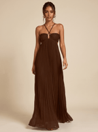 Women Maxi Dress Pleated Halter Open Back Sleeveless - Evergreen Outfits - Women Maxi Dress