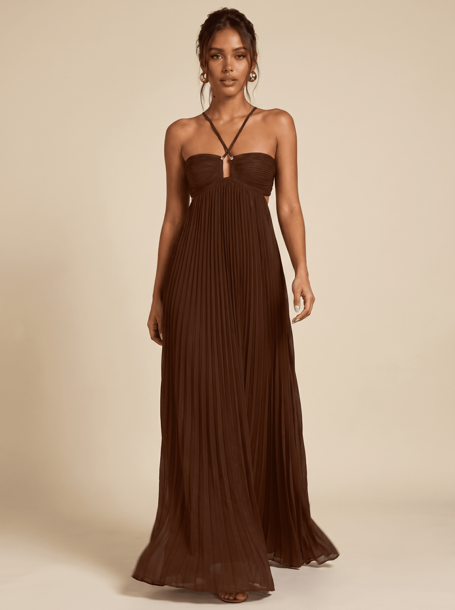 Women Maxi Dress Pleated Halter Open Back Sleeveless - Evergreen Outfits - Women Maxi Dress