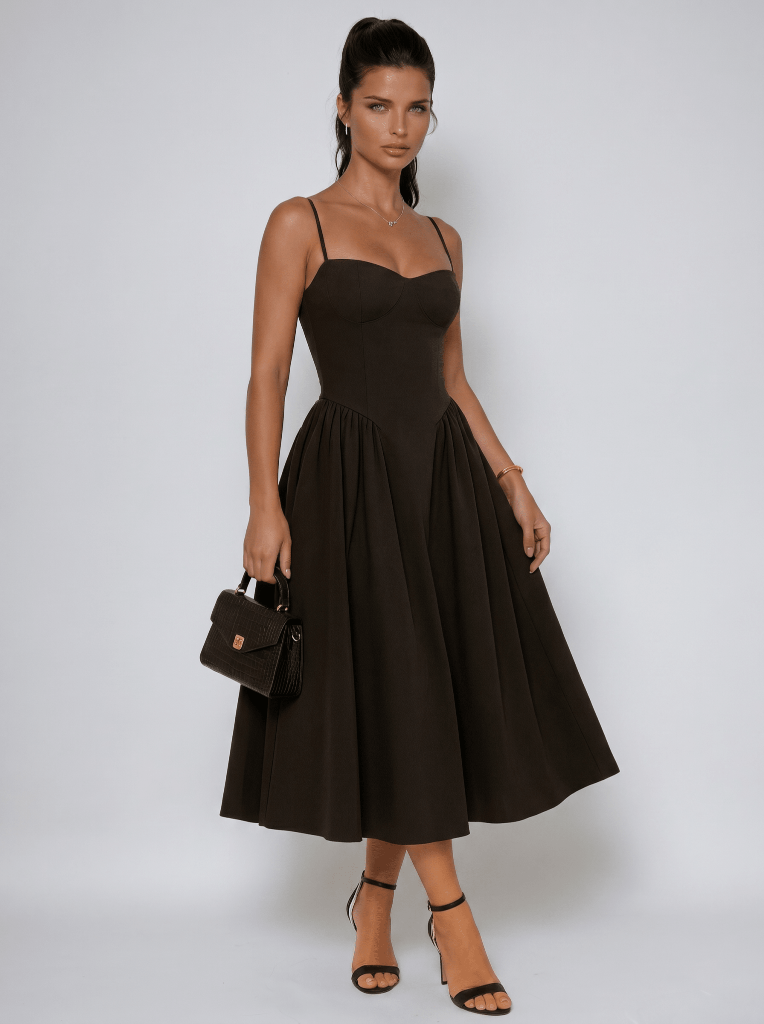 Women Maxi Dress Pleated Sweetheart Neck Skater Style - Evergreen Outfits - Women Maxi Dress