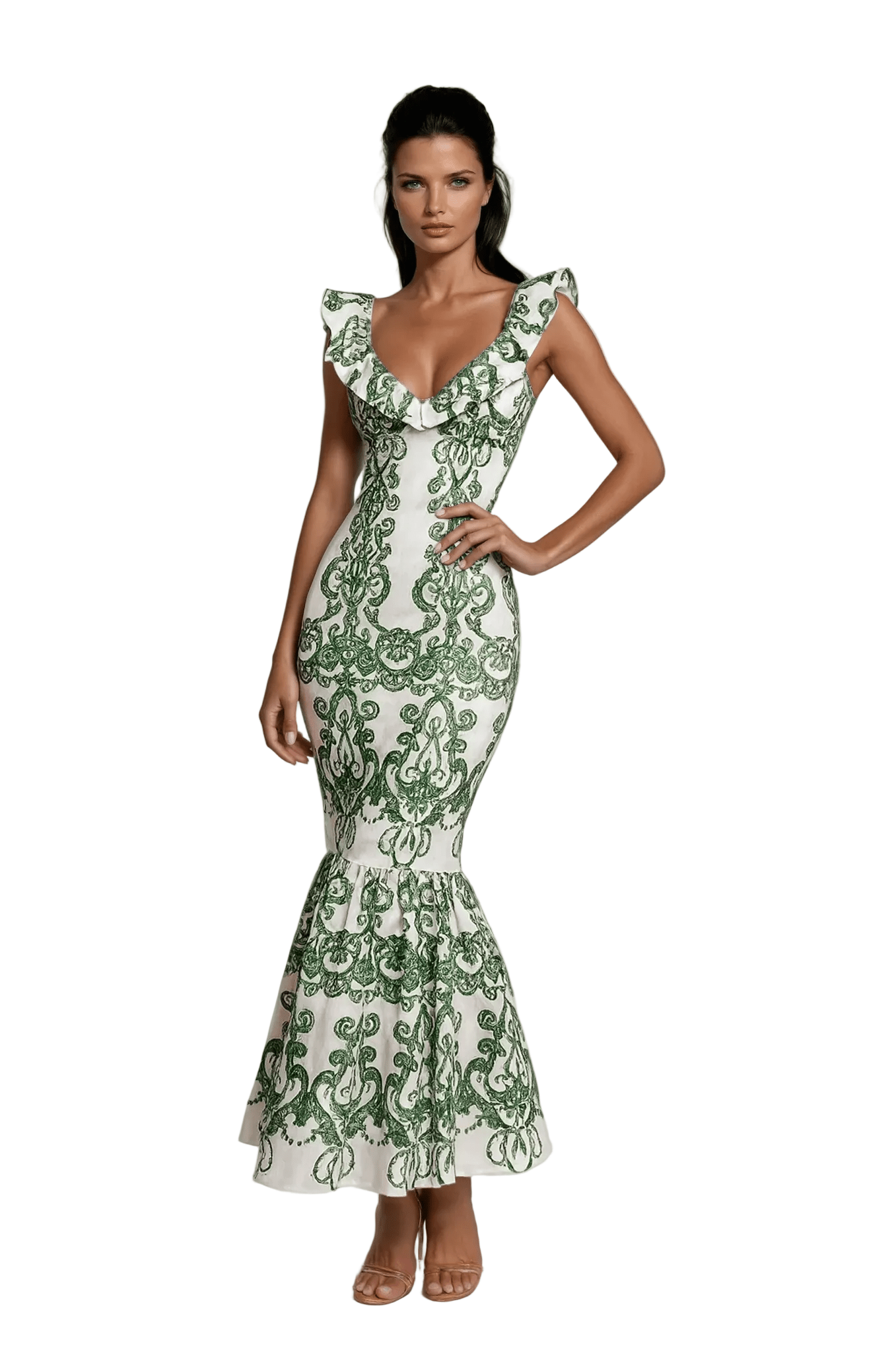 Women Maxi Dress Plunging Neckline Open Back Embroidered - Evergreen Outfits - Women Maxi Dress