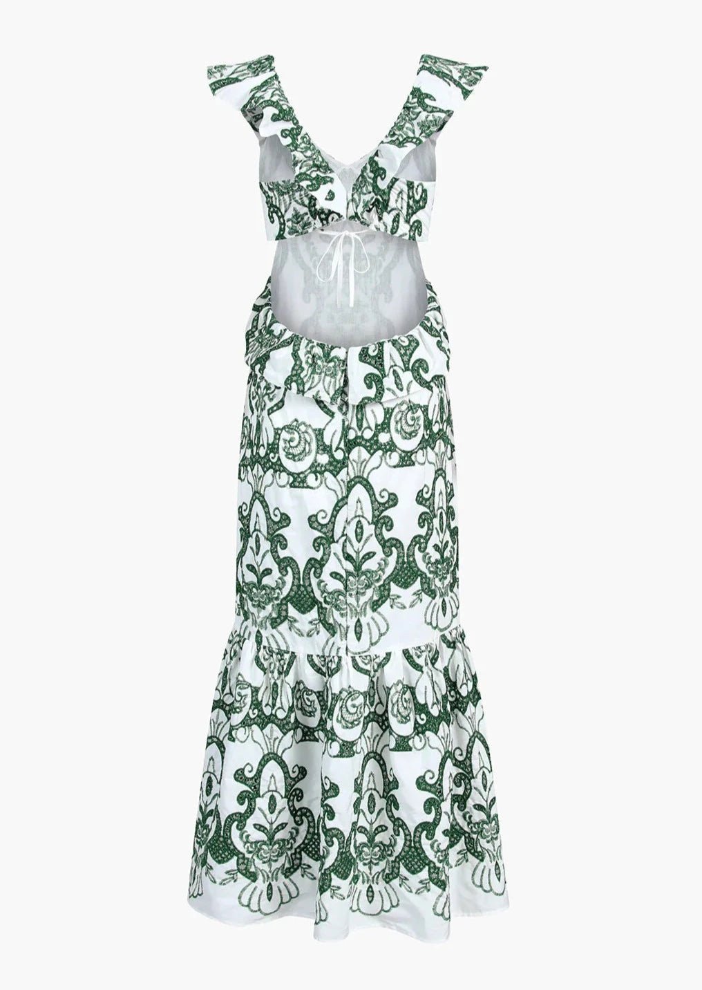 Women Maxi Dress Plunging Neckline Open Back Embroidered - Evergreen Outfits - Women Maxi Dress