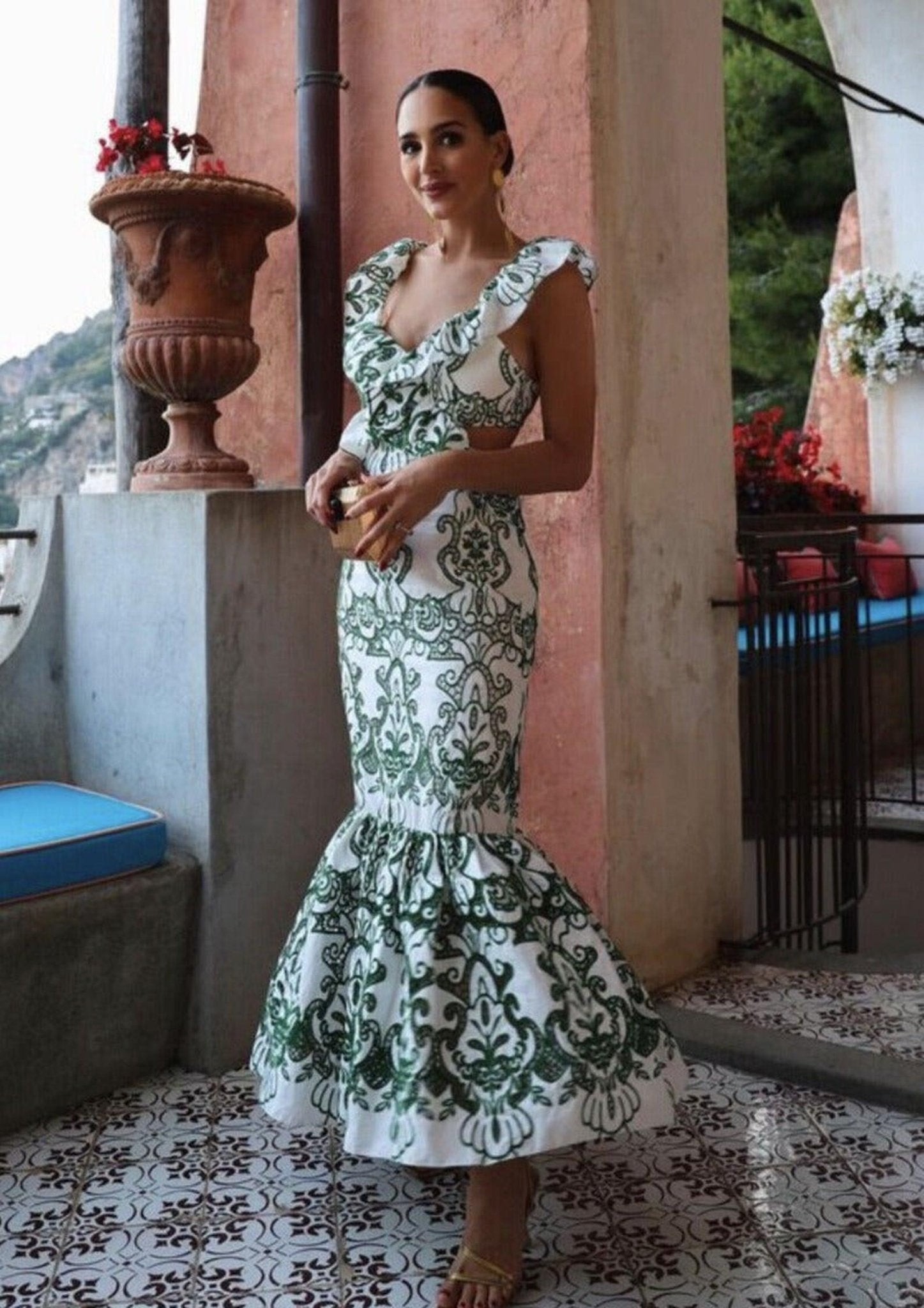 Women Maxi Dress Plunging Neckline Open Back Embroidered - Evergreen Outfits - Women Maxi Dress