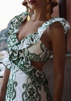 Women Maxi Dress Plunging Neckline Open Back Embroidered - Evergreen Outfits - Women Maxi Dress