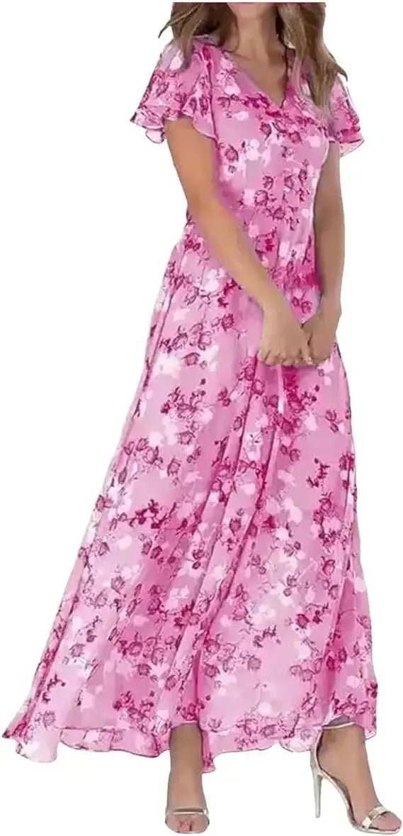 Women Maxi Dress Ruffle Sleeve V - Neck Lace Up Design - Evergreen Outfits - Women Maxi Dress