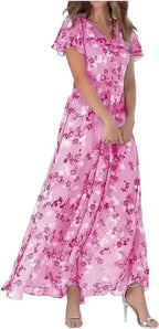 Women Maxi Dress Ruffle Sleeve V - Neck Lace Up Design - Evergreen Outfits - Women Maxi Dress
