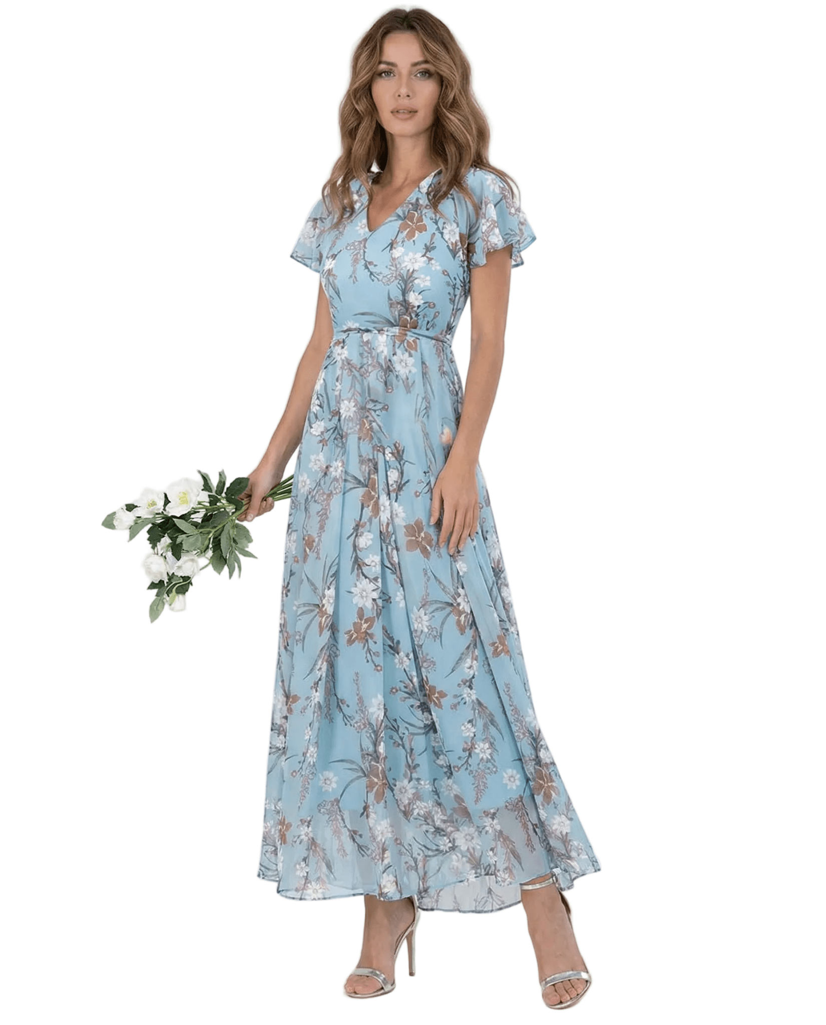 Women Maxi Dress Ruffle Sleeve V - Neck Lace Up Design - Evergreen Outfits - Women Maxi Dress