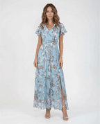 Women Maxi Dress Ruffle Sleeve V - Neck Lace Up Design - Evergreen Outfits - Women Maxi Dress