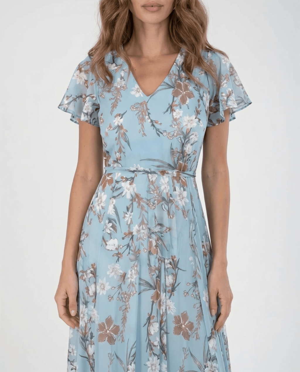 Women Maxi Dress Ruffle Sleeve V - Neck Lace Up Design - Evergreen Outfits - Women Maxi Dress