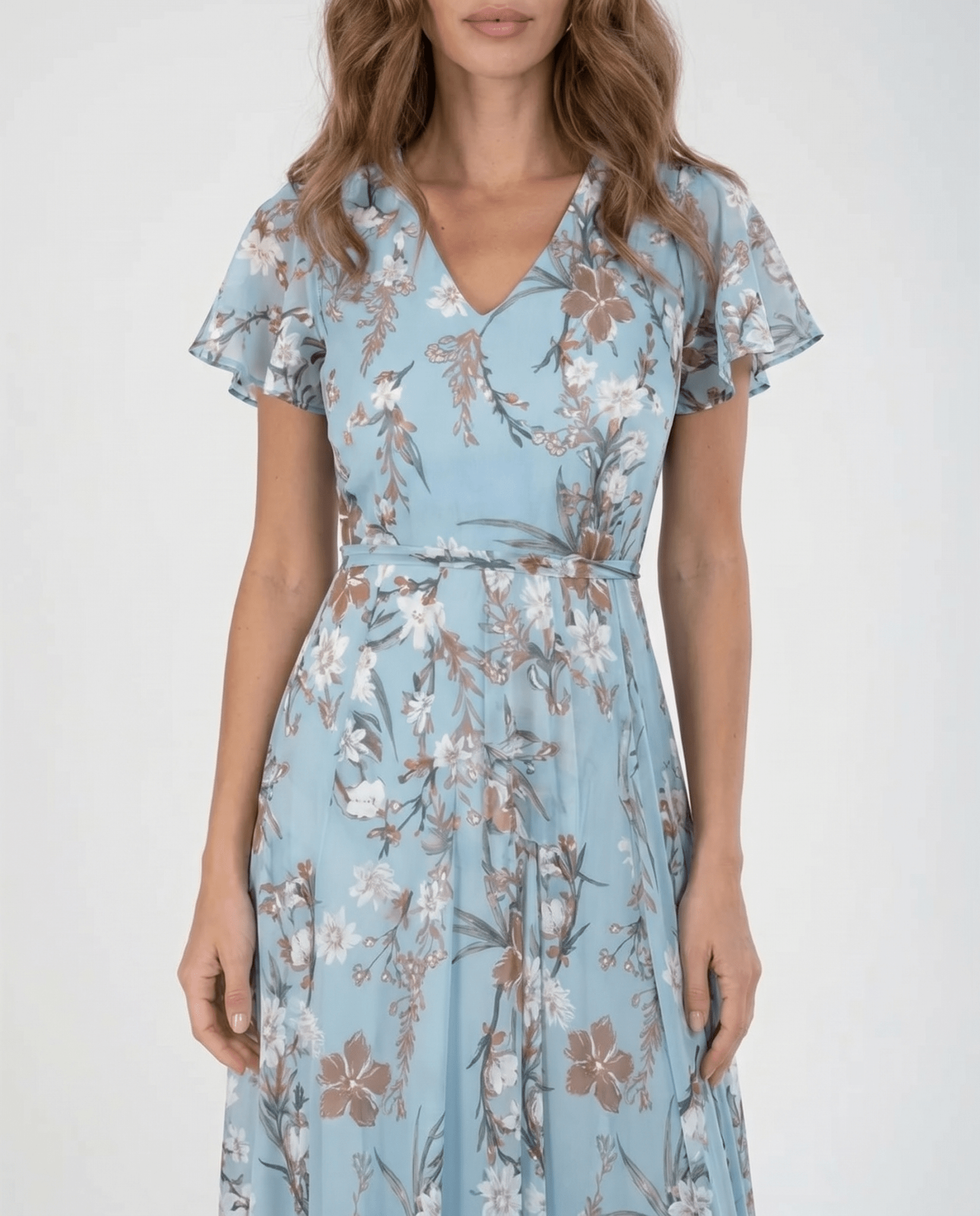 Women Maxi Dress Ruffle Sleeve V - Neck Lace Up Design - Evergreen Outfits - Women Maxi Dress