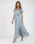 Women Maxi Dress Ruffle Sleeve V - Neck Lace Up Design - Evergreen Outfits - Women Maxi Dress