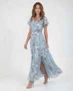 Women Maxi Dress Ruffle Sleeve V - Neck Lace Up Design - Evergreen Outfits - Women Maxi Dress