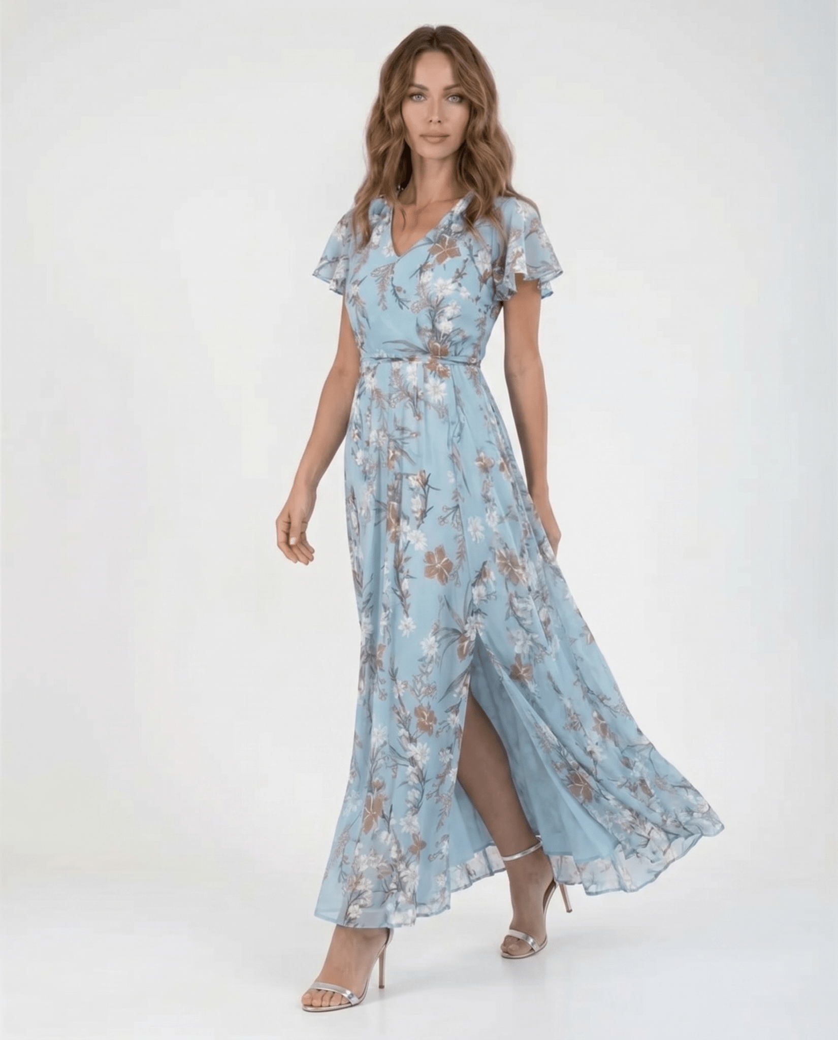 Women Maxi Dress Ruffle Sleeve V - Neck Lace Up Design - Evergreen Outfits - Women Maxi Dress