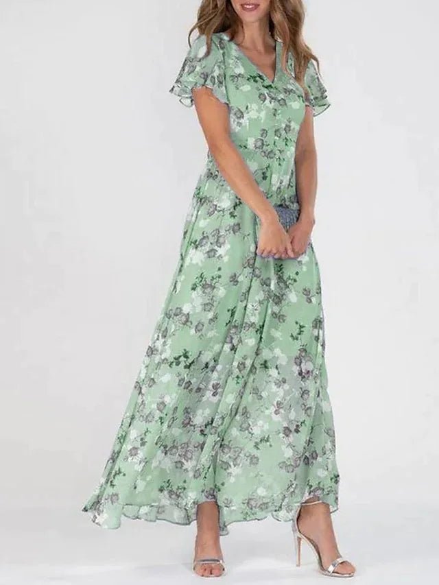 Women Maxi Dress Ruffle Sleeve V - Neck Lace Up Design - Evergreen Outfits - Women Maxi Dress