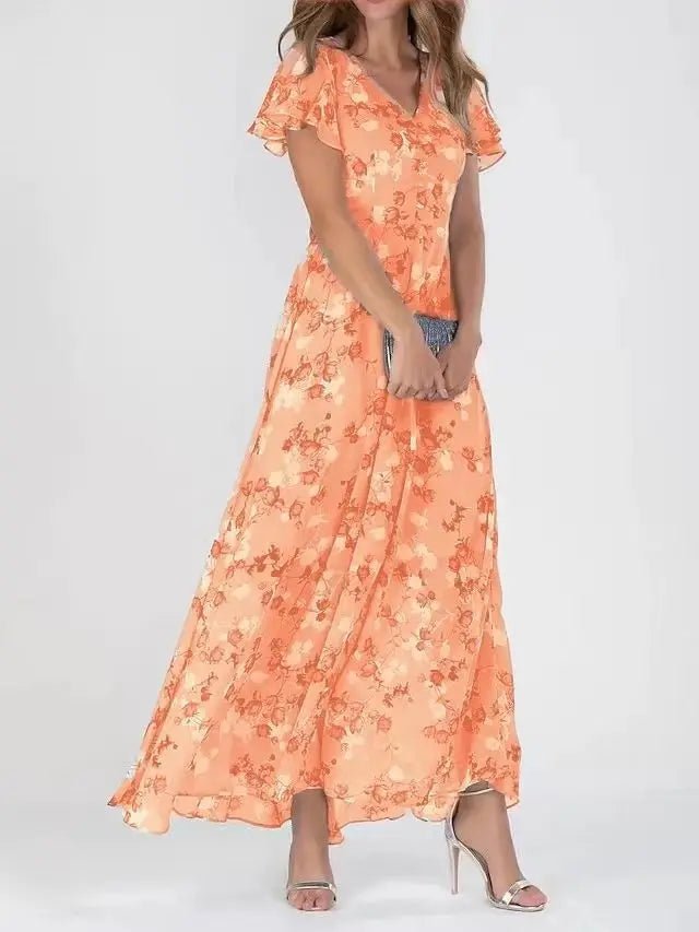 Women Maxi Dress Ruffle Sleeve V - Neck Lace Up Design - Evergreen Outfits - Women Maxi Dress