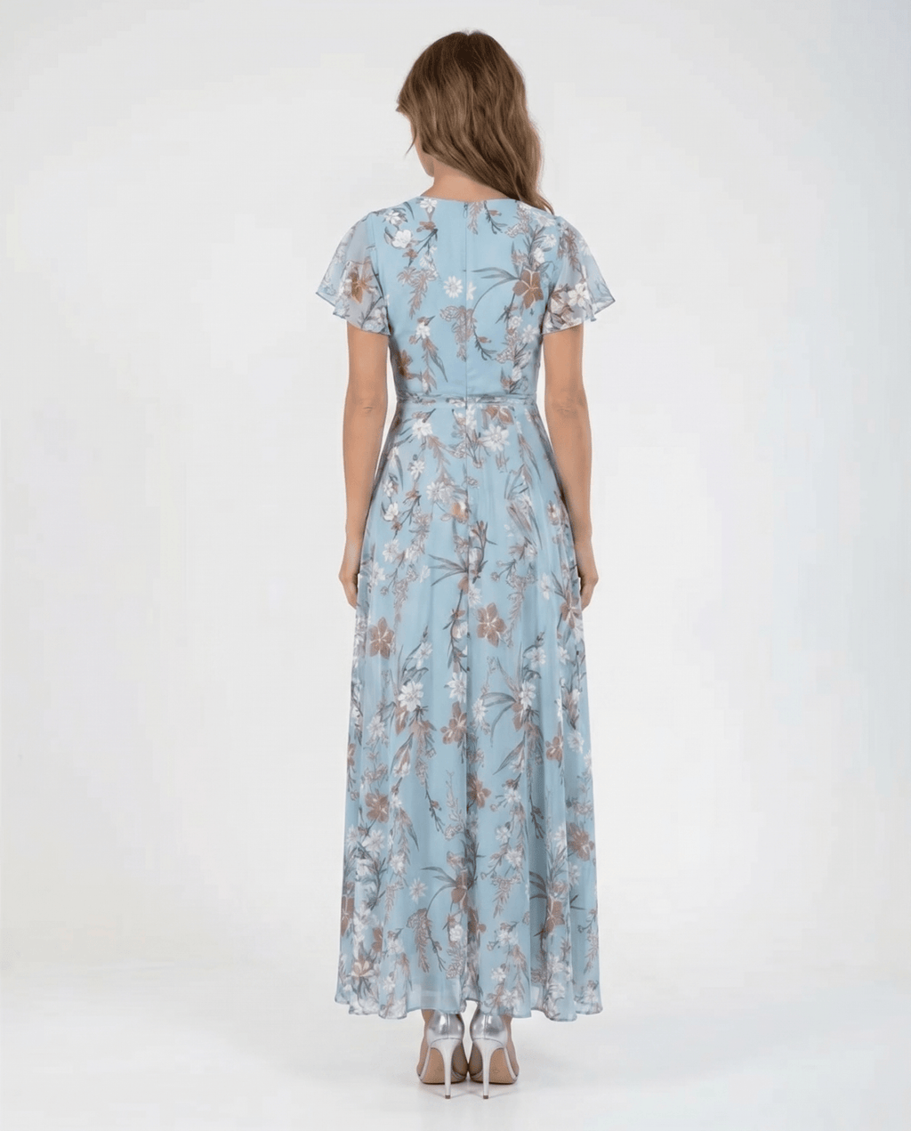 Women Maxi Dress Ruffle Sleeve V - Neck Lace Up Design - Evergreen Outfits - Women Maxi Dress
