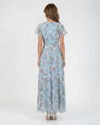 Women Maxi Dress Ruffle Sleeve V - Neck Lace Up Design - Evergreen Outfits - Women Maxi Dress
