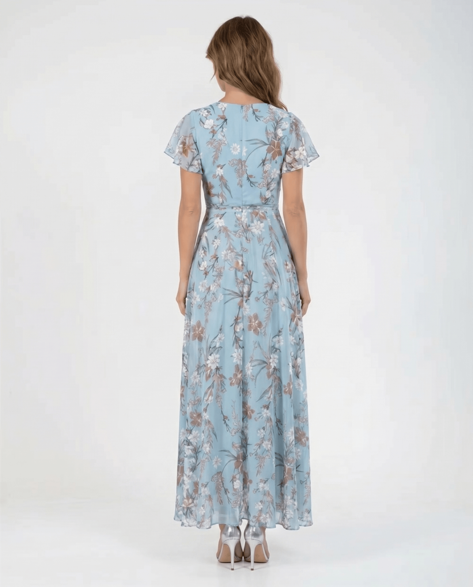 Women Maxi Dress Ruffle Sleeve V - Neck Lace Up Design - Evergreen Outfits - Women Maxi Dress