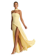 Women Maxi Dress Strapless Fitted Shape Slit Detail - Evergreen Outfits - Women Maxi Dress