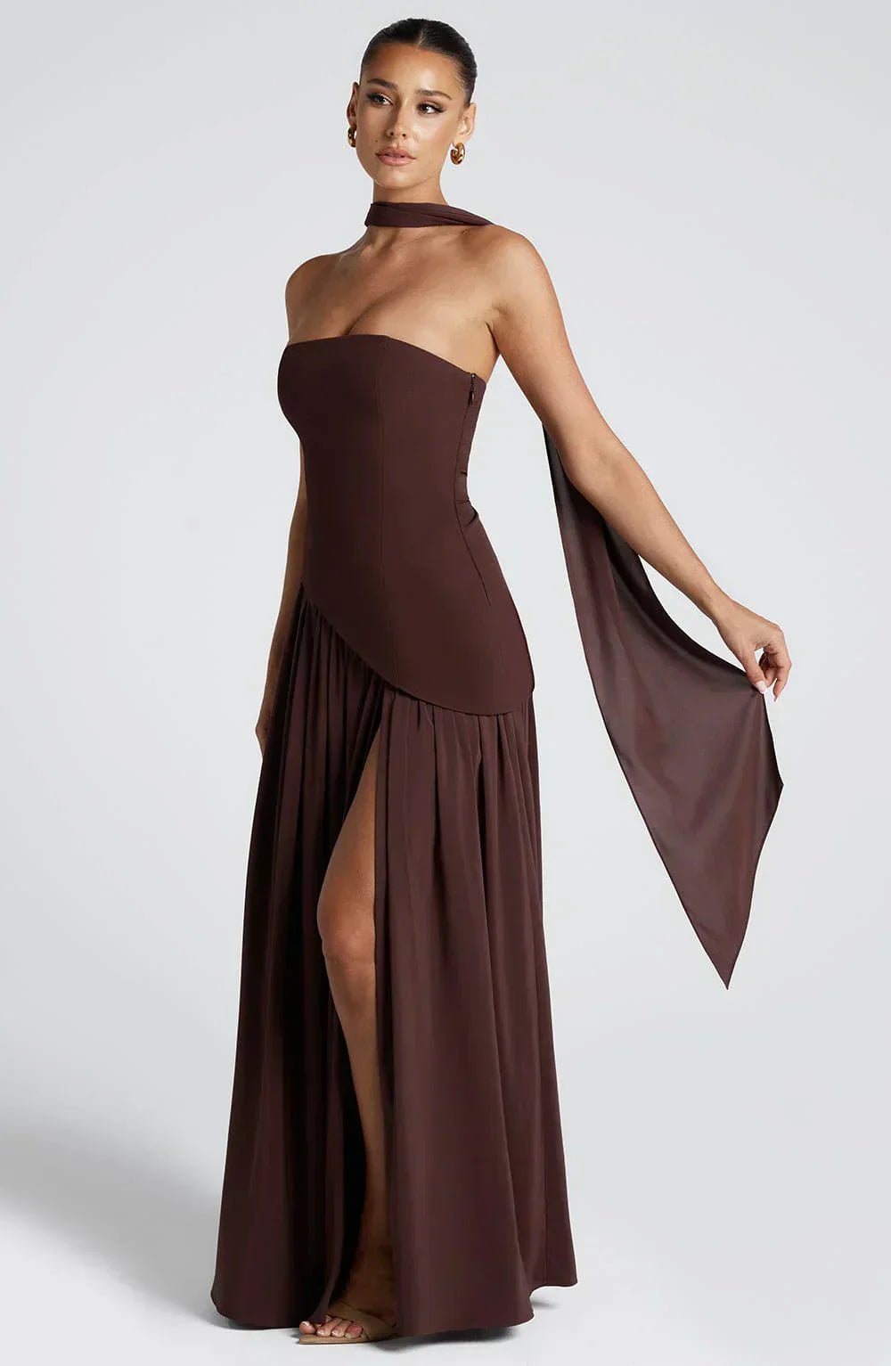 Women Maxi Dress Strapless Fitted Shape Slit Detail - Evergreen Outfits - Women Maxi Dress