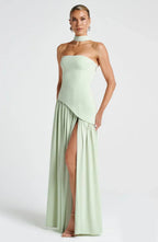 Women Maxi Dress Strapless Fitted Shape Slit Detail - Evergreen Outfits - Women Maxi Dress