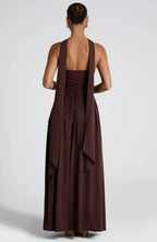 Women Maxi Dress Strapless Fitted Shape Slit Detail - Evergreen Outfits - Women Maxi Dress