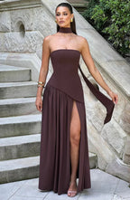 Women Maxi Dress Strapless Fitted Shape Slit Detail - Evergreen Outfits - Women Maxi Dress