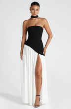 Women Maxi Dress Strapless Fitted Shape Slit Detail - Evergreen Outfits - Women Maxi Dress