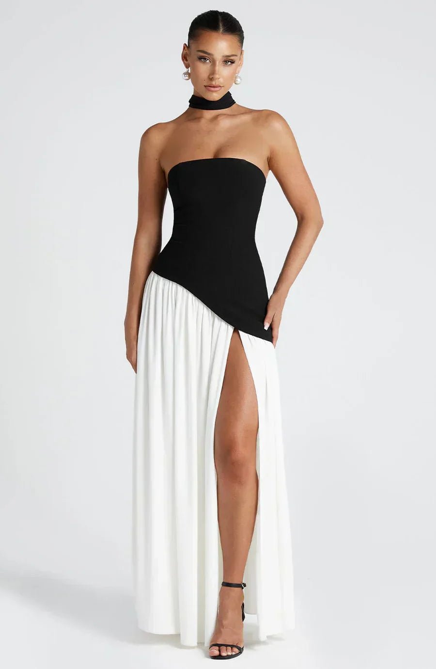Women Maxi Dress Strapless Fitted Shape Slit Detail - Evergreen Outfits - Women Maxi Dress