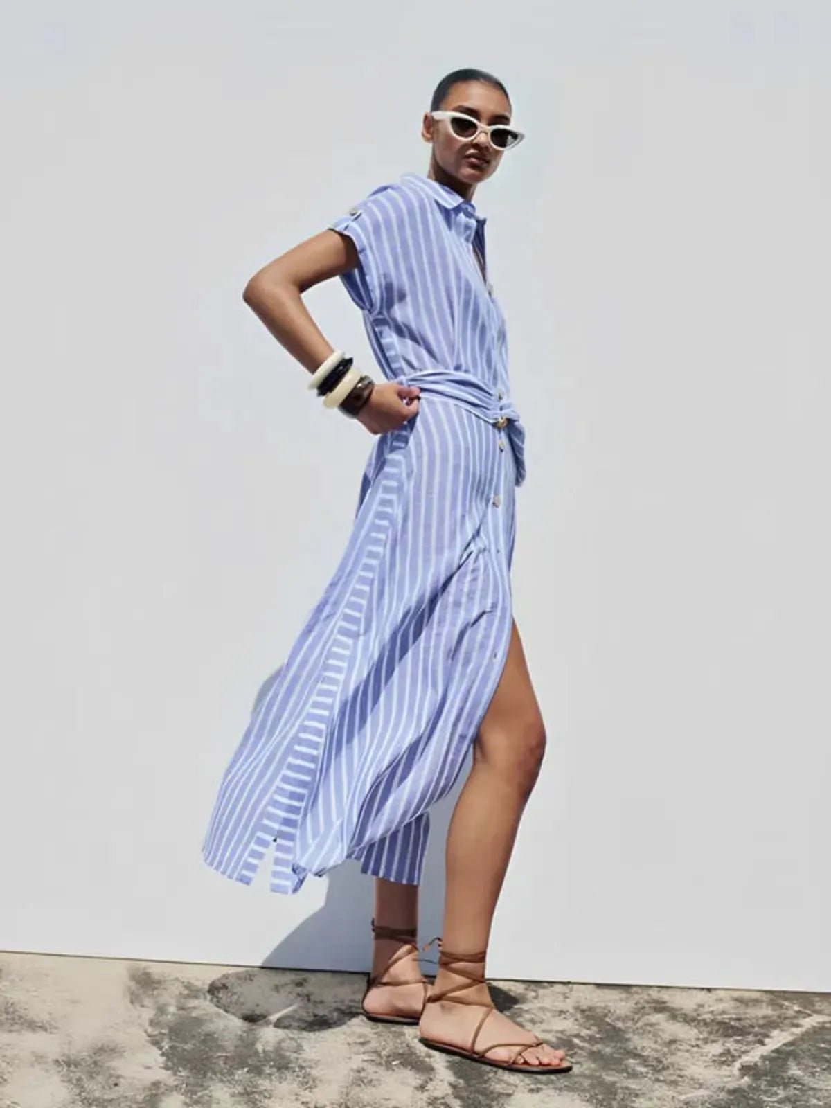 Women Maxi Dress Striped Short Sleeve Button Closure - Evergreen Outfits - Women Maxi Dress