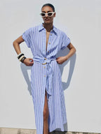 Women Maxi Dress Striped Short Sleeve Button Closure - Evergreen Outfits - Women Maxi Dress