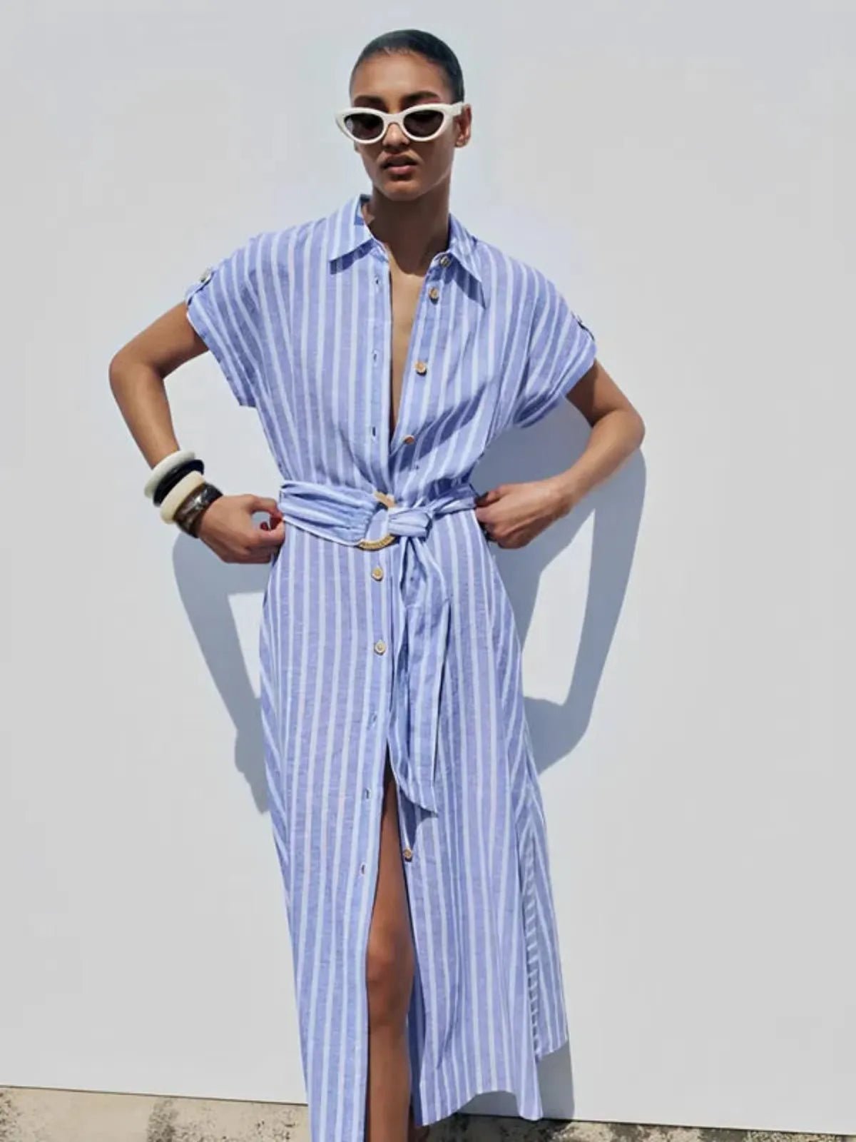 Women Maxi Dress Striped Short Sleeve Button Closure - Evergreen Outfits - Women Maxi Dress