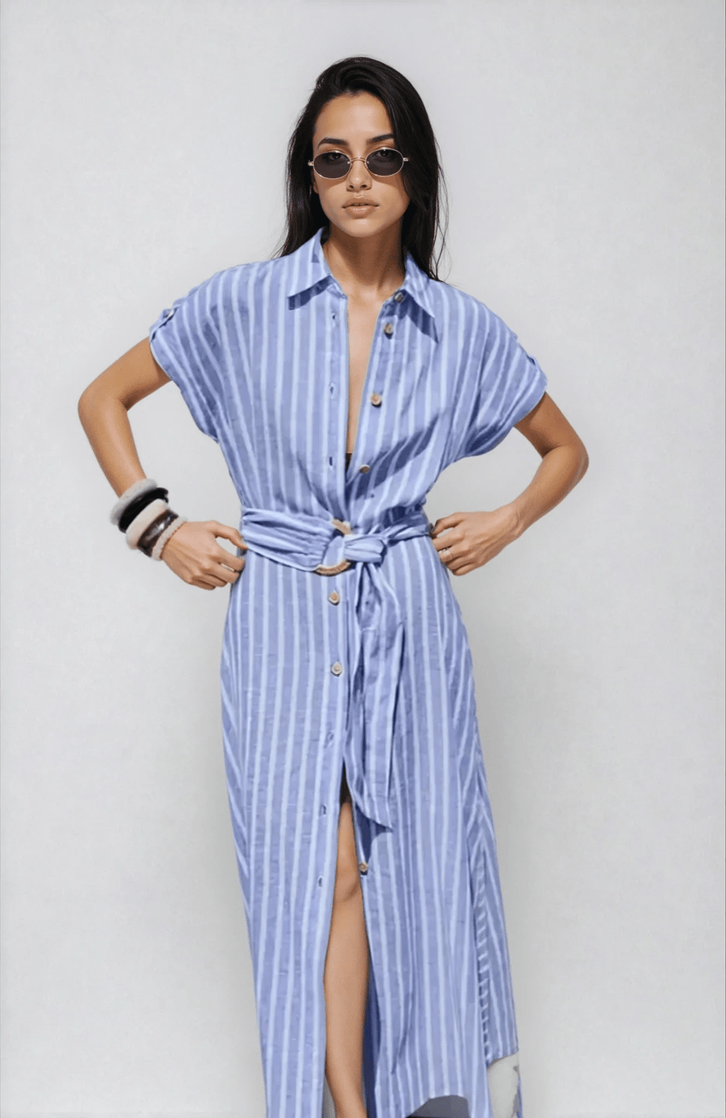 Women Maxi Dress Striped Short Sleeve Button Closure - Evergreen Outfits - Women Maxi Dress