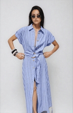 Women Maxi Dress Striped Short Sleeve Button Closure - Evergreen Outfits - Women Maxi Dress
