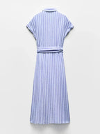Women Maxi Dress Striped Short Sleeve Button Closure - Evergreen Outfits - Women Maxi Dress