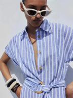 Women Maxi Dress Striped Short Sleeve Button Closure - Evergreen Outfits - Women Maxi Dress