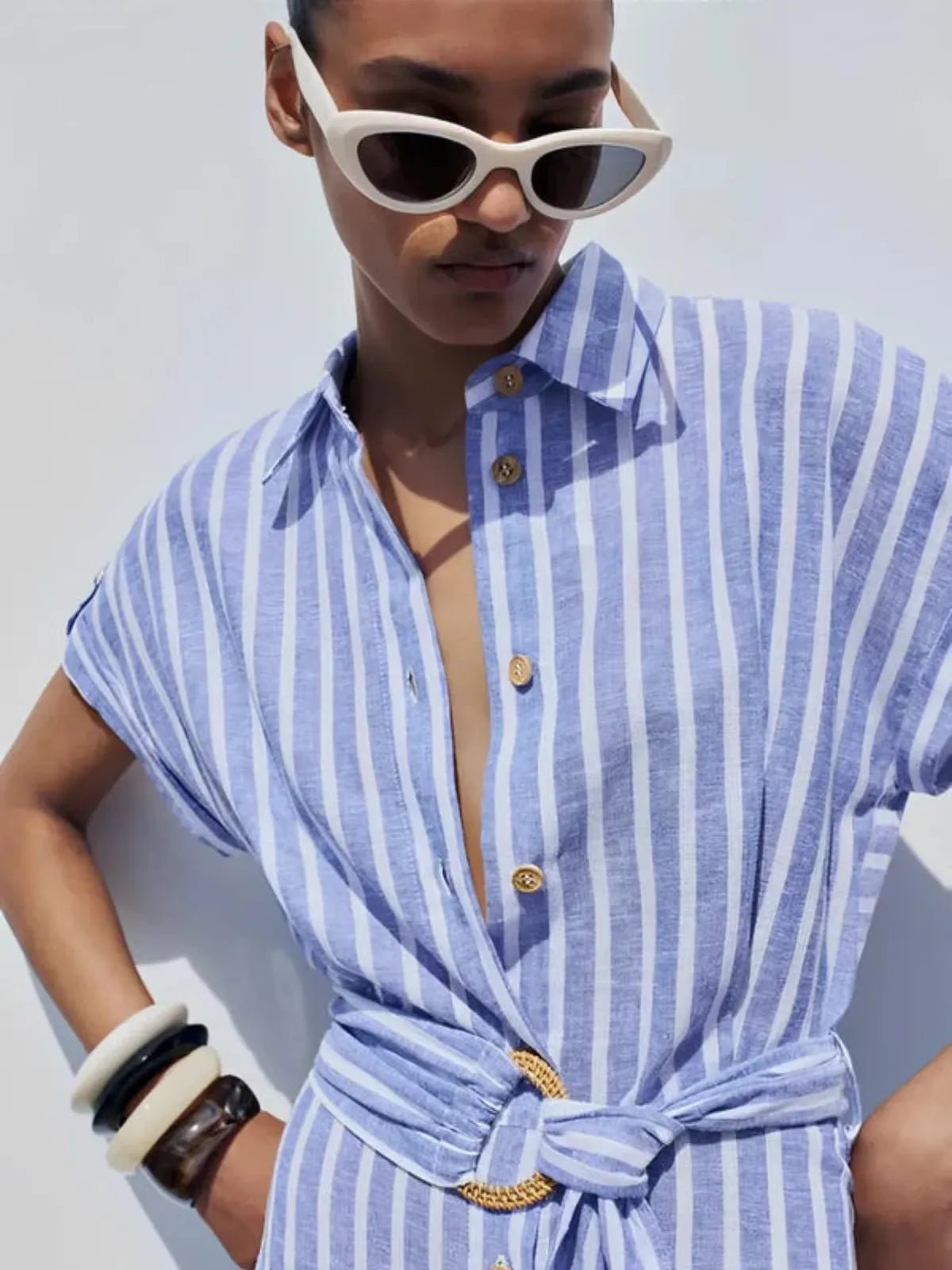 Women Maxi Dress Striped Short Sleeve Button Closure - Evergreen Outfits - Women Maxi Dress