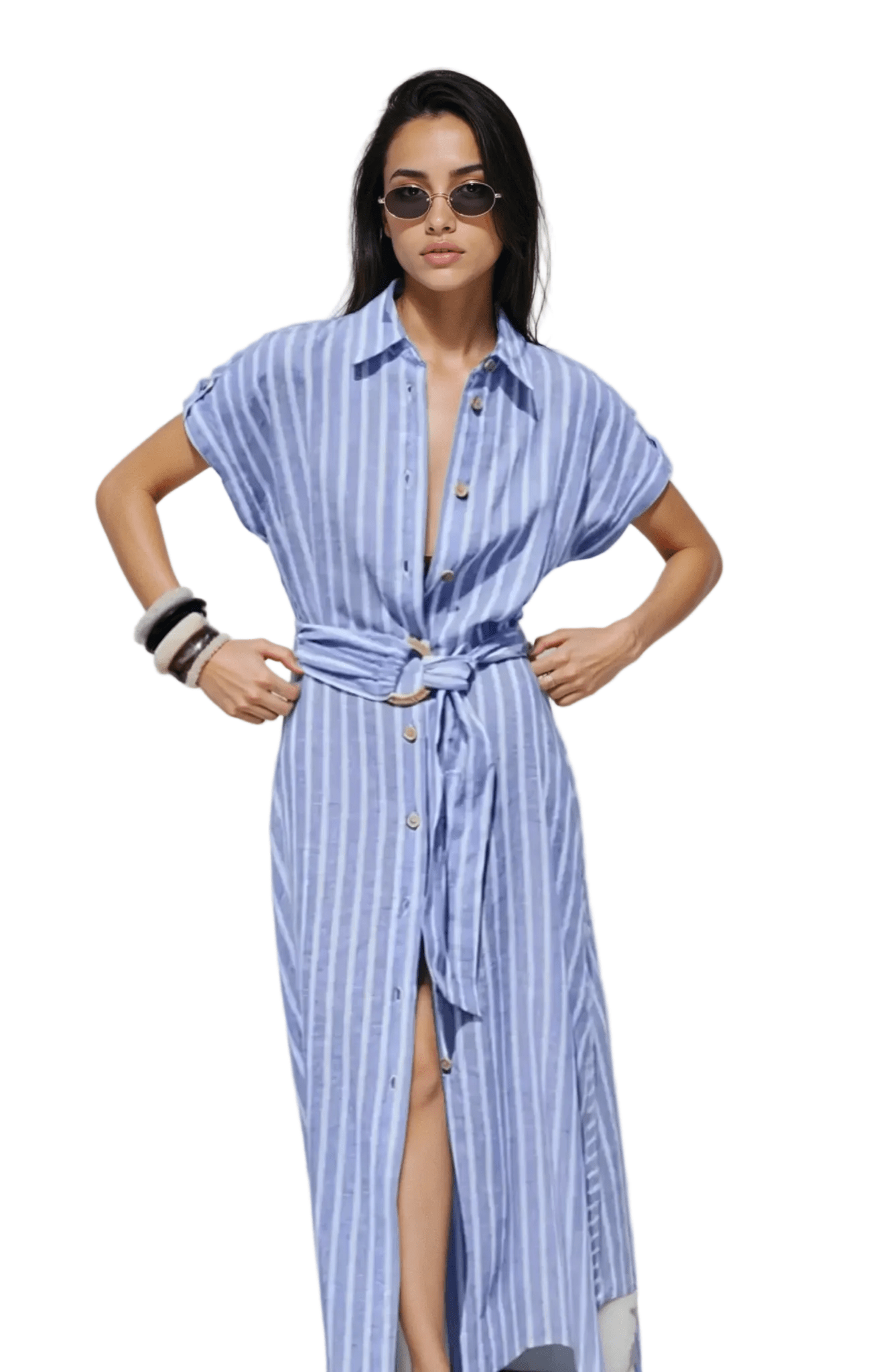 Women Maxi Dress Striped Short Sleeve Button Closure - Evergreen Outfits - Women Maxi Dress