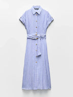 Women Maxi Dress Striped Short Sleeve Button Closure - Evergreen Outfits - Women Maxi Dress