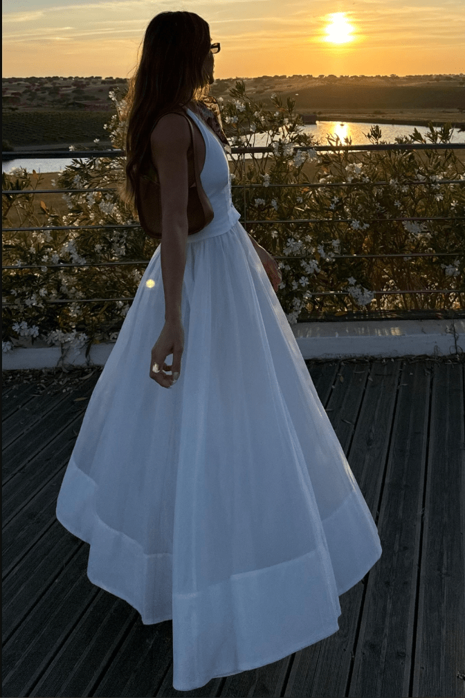 Women Maxi Dress V Neck Fitted Bodice Zip Closure - Evergreen Outfits - Women Maxi Dress
