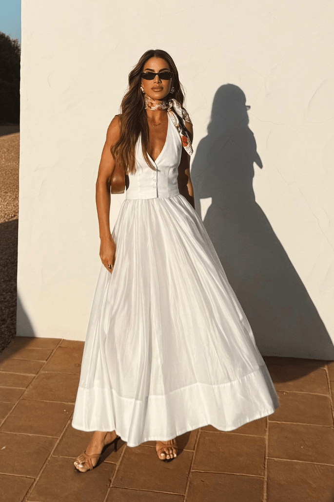 Women Maxi Dress V Neck Fitted Bodice Zip Closure - Evergreen Outfits - Women Maxi Dress