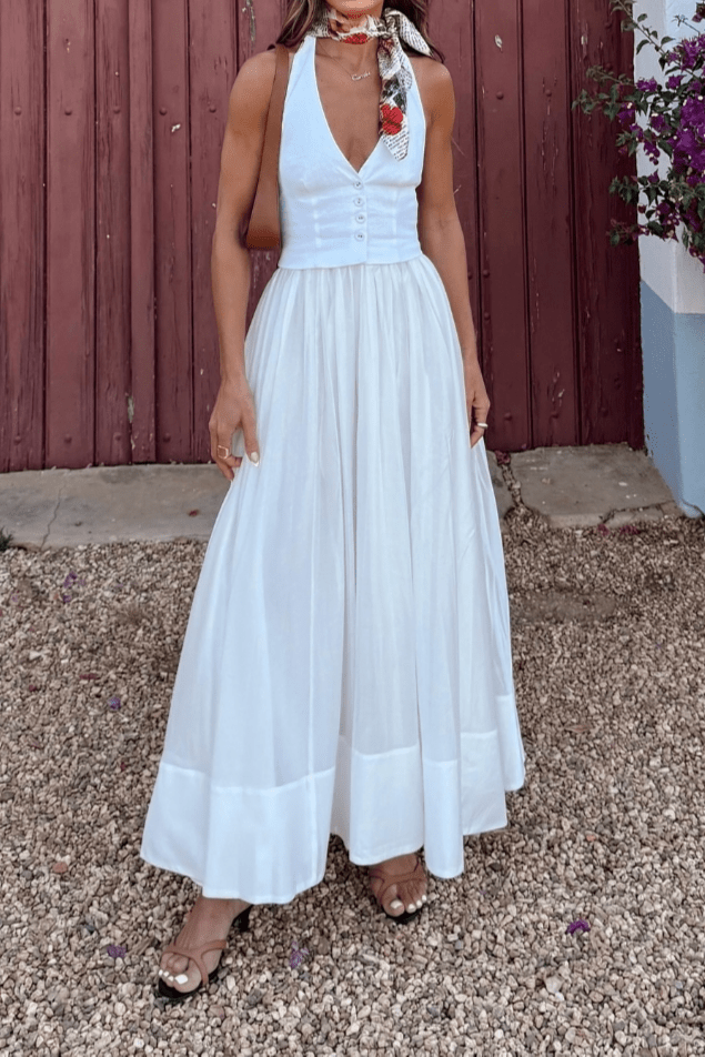 Women Maxi Dress V Neck Fitted Bodice Zip Closure - Evergreen Outfits - Women Maxi Dress