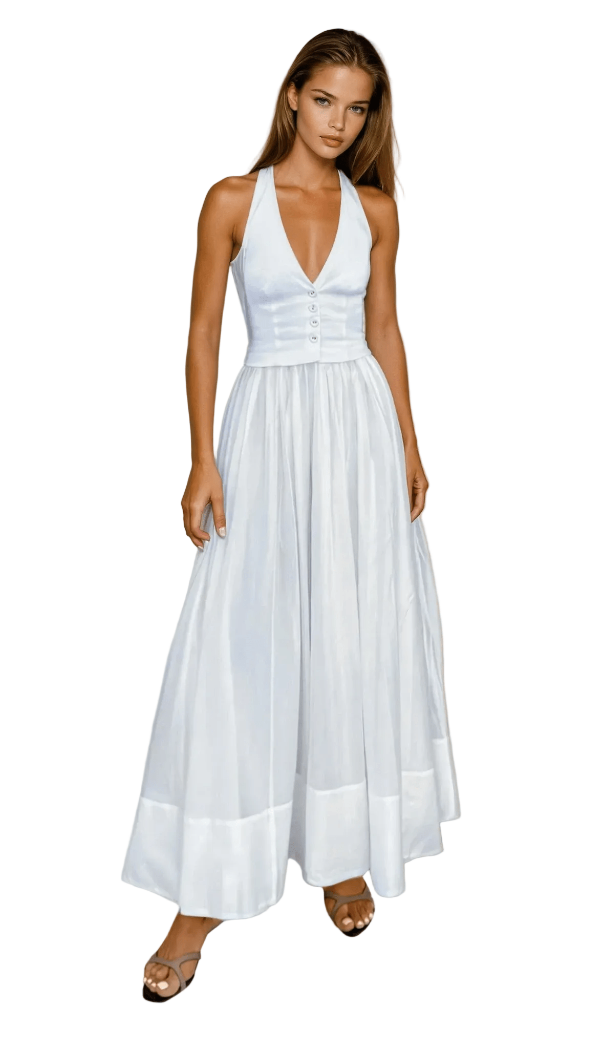 Women Maxi Dress V Neck Fitted Bodice Zip Closure - Evergreen Outfits - Women Maxi Dress