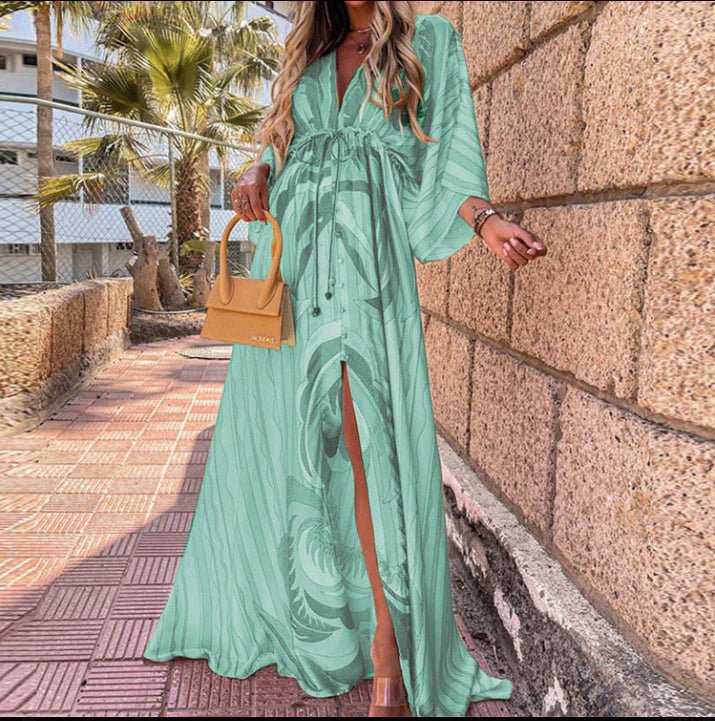 Women Maxi Dress V - Neck Maxi Length Side Slit Design - Evergreen Outfits - Women Maxi Dress