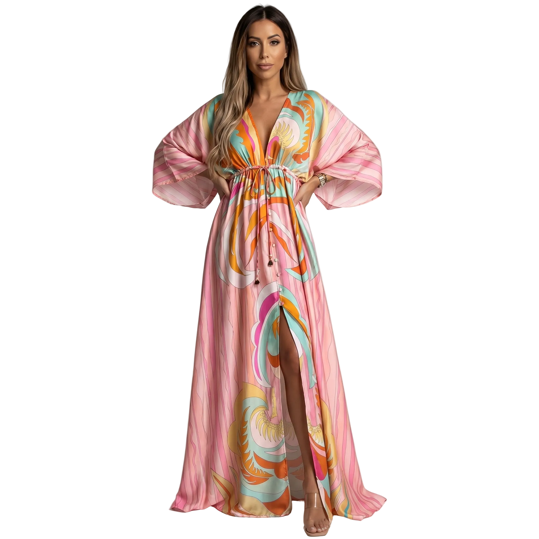 Women Maxi Dress V - Neck Maxi Length Side Slit Design - Evergreen Outfits - Women Maxi Dress