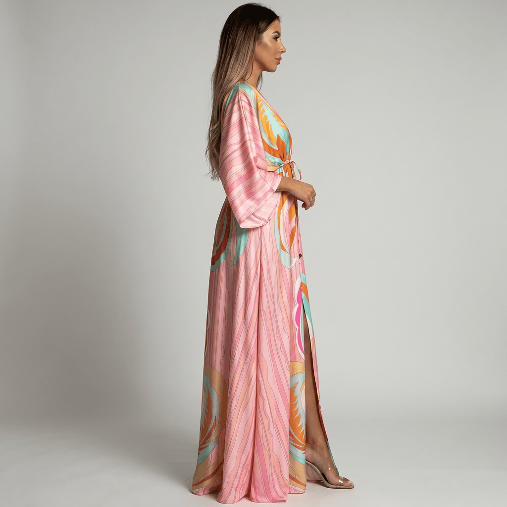 Women Maxi Dress V - Neck Maxi Length Side Slit Design - Evergreen Outfits - Women Maxi Dress